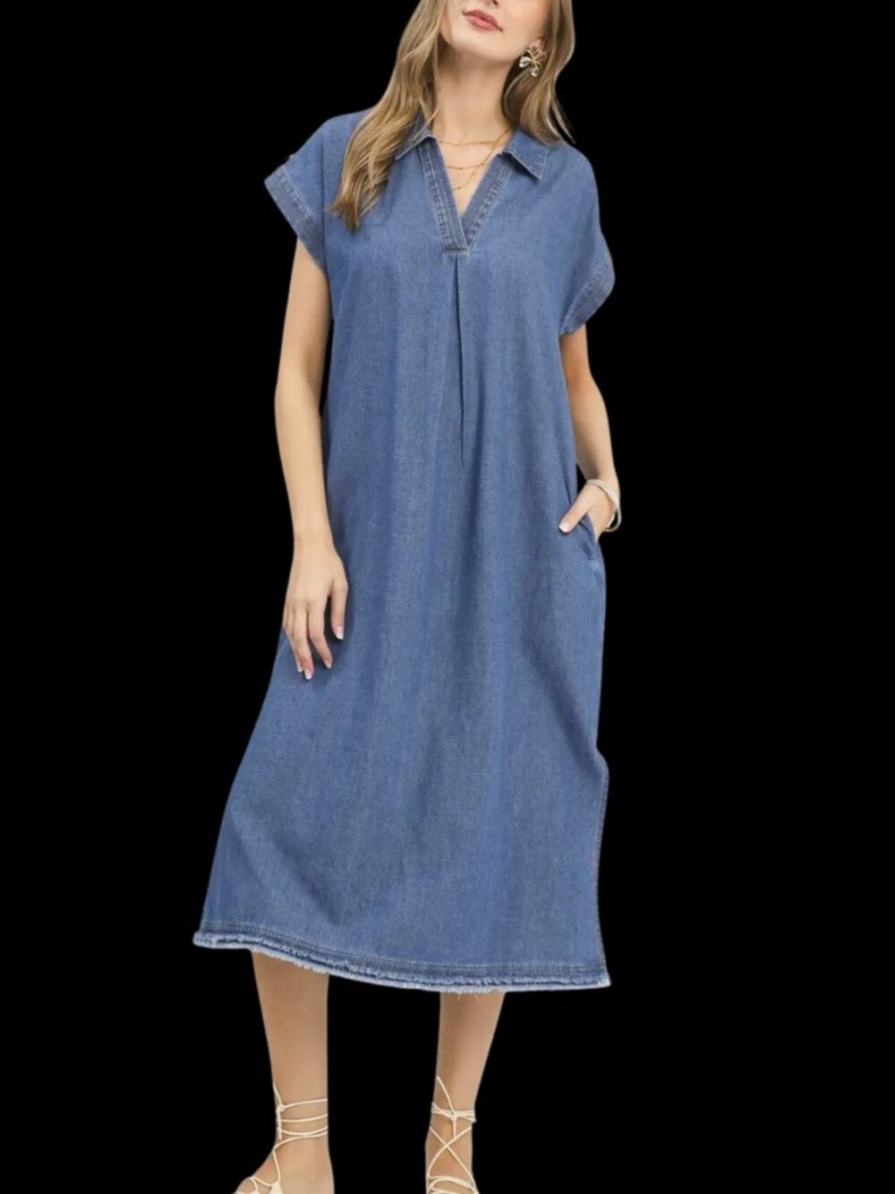 Umgee Stone Washed Collared Denim Midi Dress